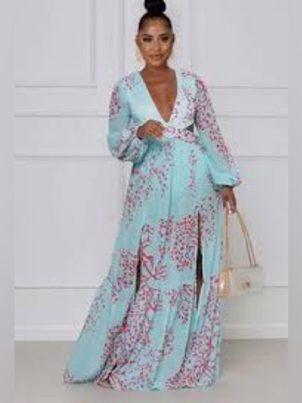 Floral Wrap Maxi Dress in Light Blue